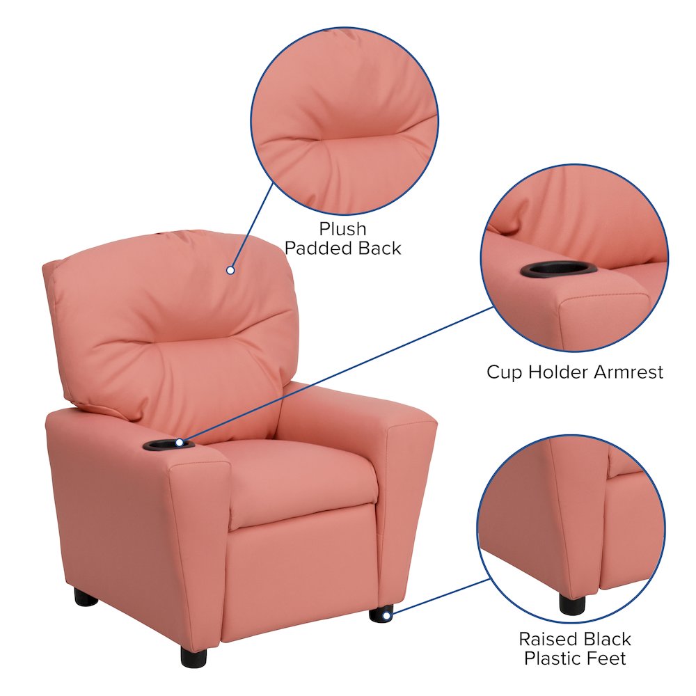 Contemporary Pink Vinyl Kids Recliner with Cup Holder. Picture 7