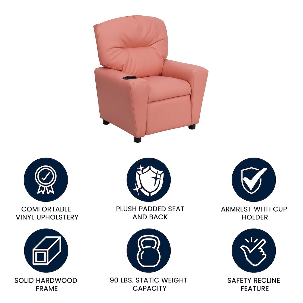 Contemporary Pink Vinyl Kids Recliner with Cup Holder. Picture 5