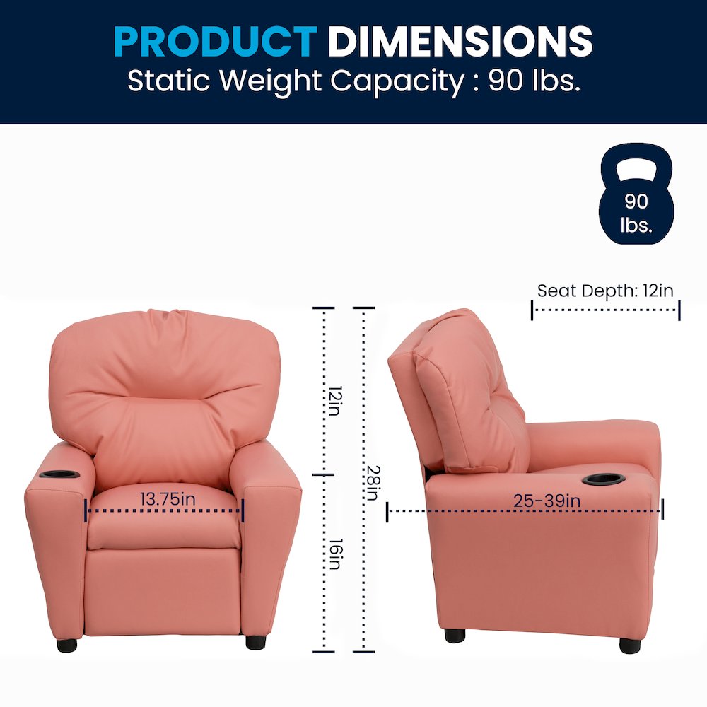 Contemporary Pink Vinyl Kids Recliner with Cup Holder. Picture 8