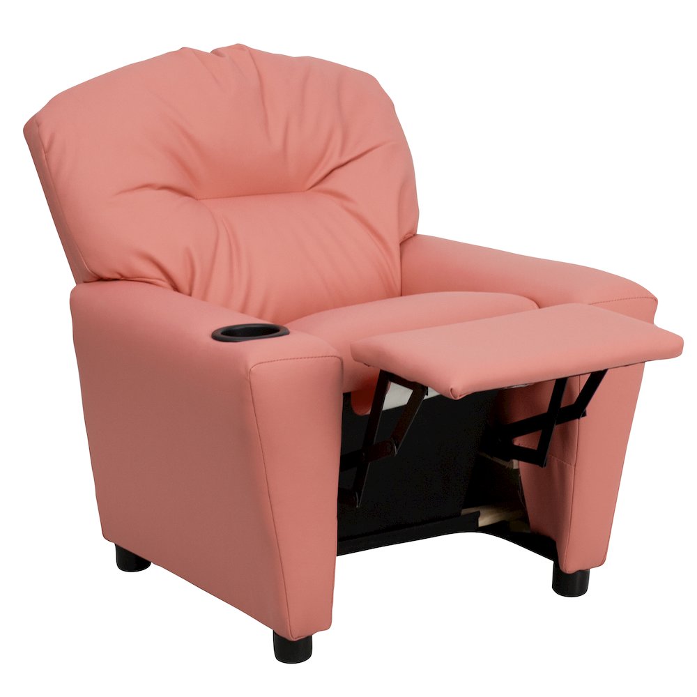 Contemporary Pink Vinyl Kids Recliner with Cup Holder. Picture 11