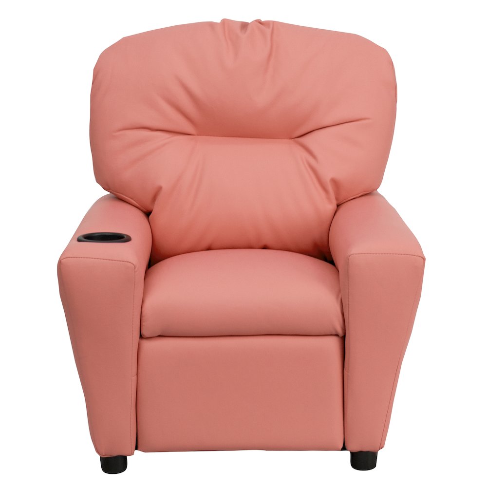 Contemporary Pink Vinyl Kids Recliner with Cup Holder. Picture 13