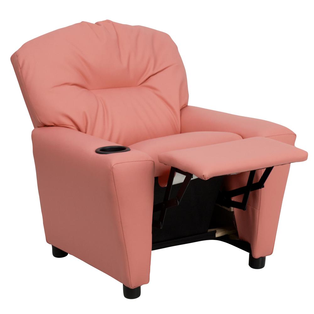 Contemporary Pink Vinyl Kids Recliner with Cup Holder. Picture 6