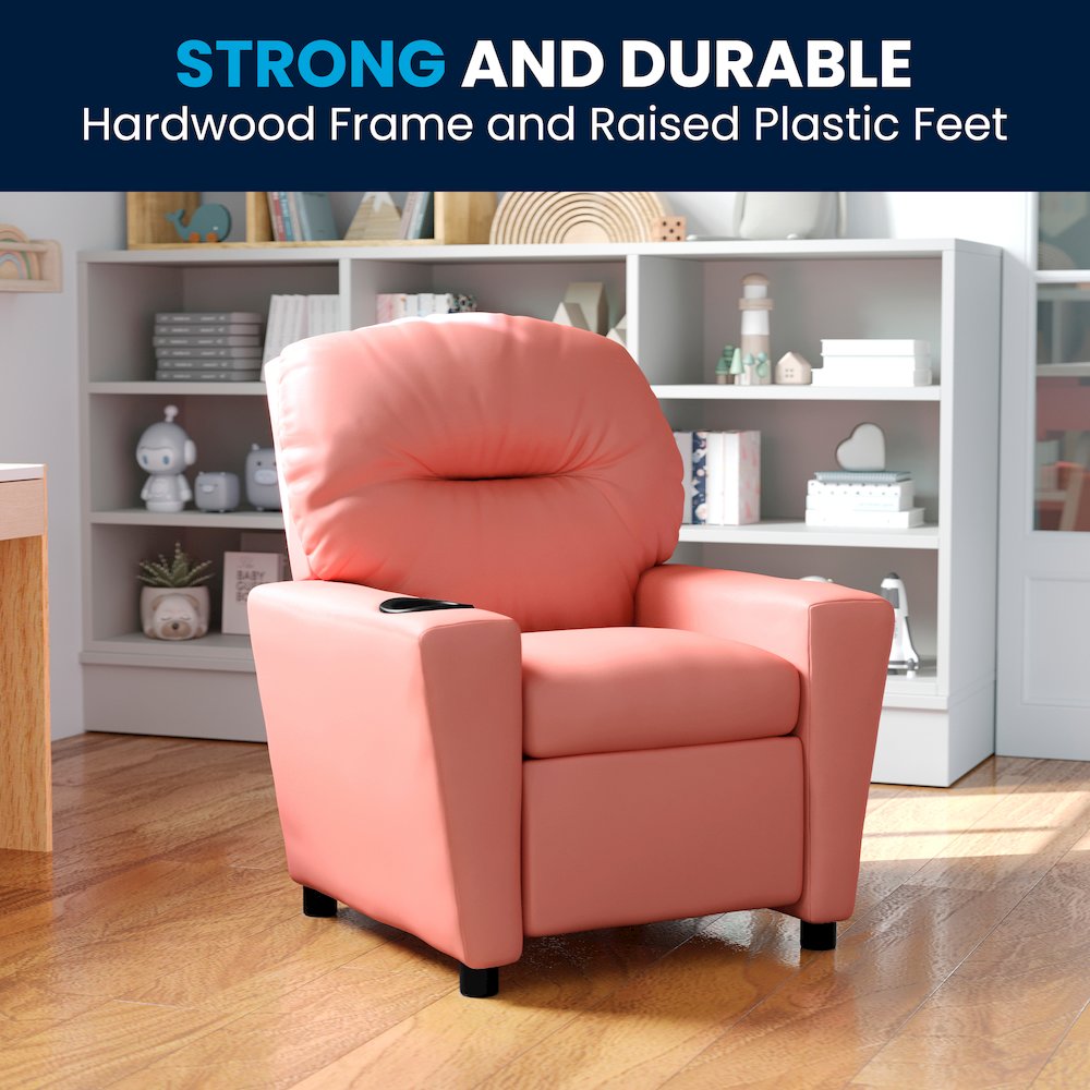 Contemporary Pink Vinyl Kids Recliner with Cup Holder. Picture 3