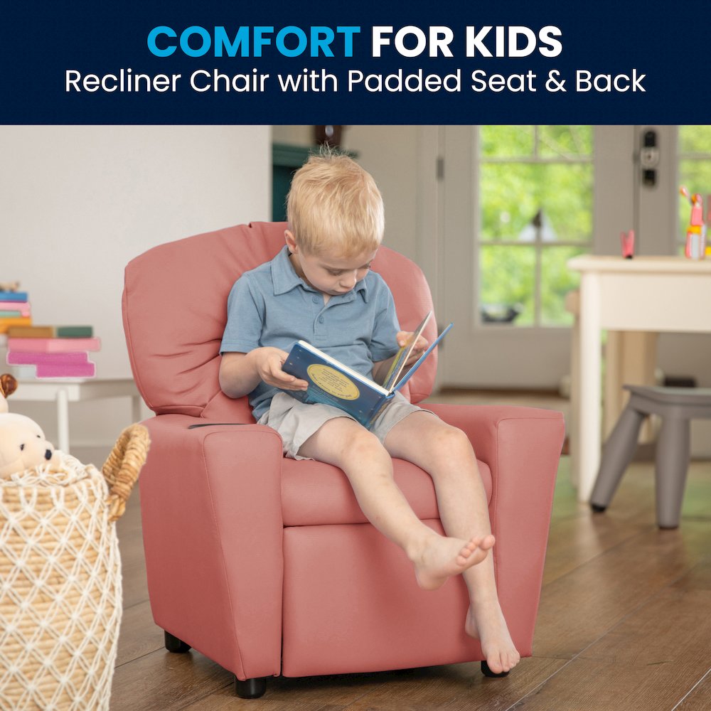 Contemporary Pink Vinyl Kids Recliner with Cup Holder. Picture 2