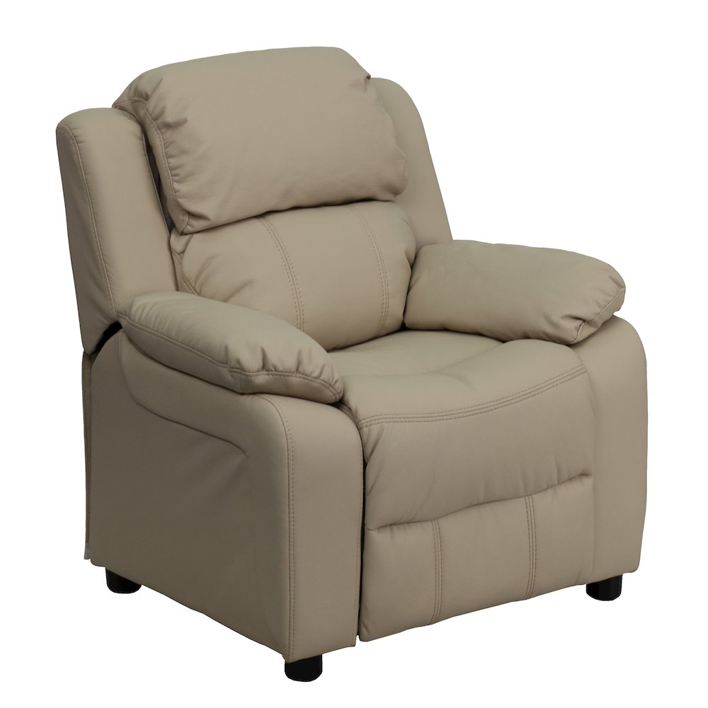 Deluxe Padded Contemporary Beige Vinyl Kids Recliner with Storage Arms. Picture 1