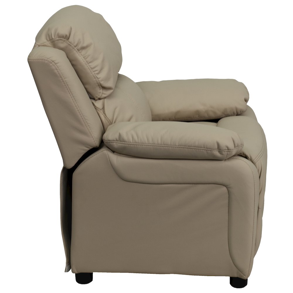 Deluxe Padded Contemporary Beige Vinyl Kids Recliner with Storage Arms. Picture 2