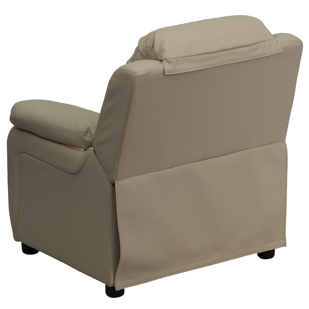 Deluxe Padded Contemporary Beige Vinyl Kids Recliner with Storage Arms. Picture 3