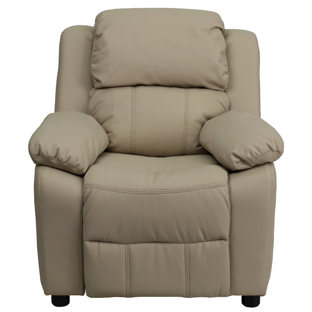 Deluxe Padded Contemporary Beige Vinyl Kids Recliner with Storage Arms. Picture 4