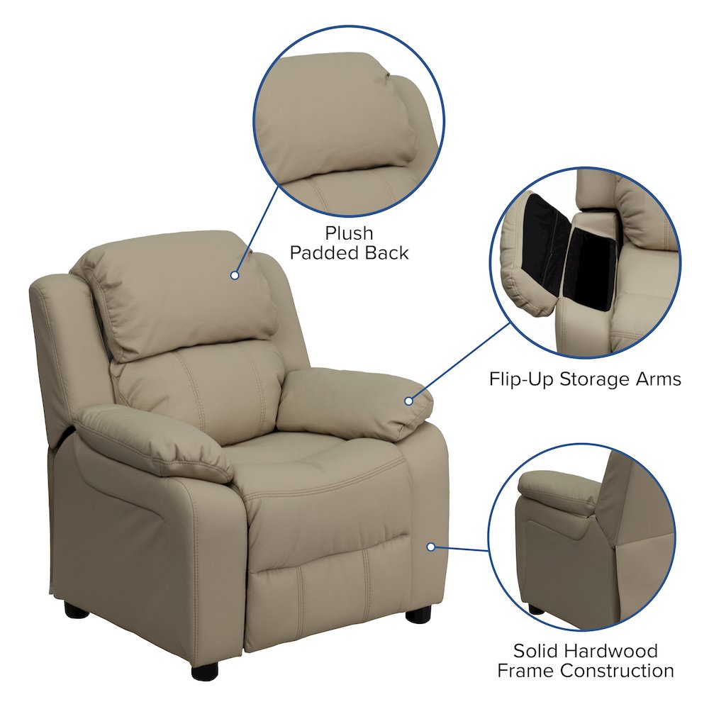 Deluxe Padded Contemporary Beige Vinyl Kids Recliner with Storage Arms. Picture 5