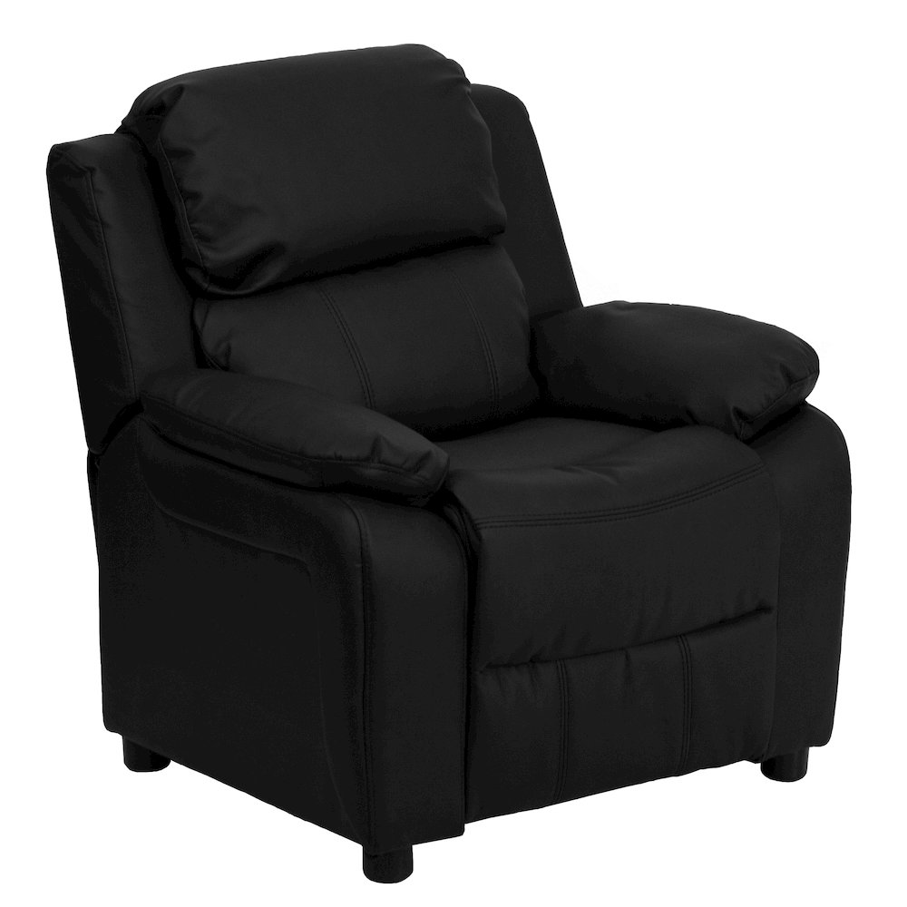 Deluxe Padded Contemporary Black LeatherSoft Kids Recliner with Storage Arms. Picture 1