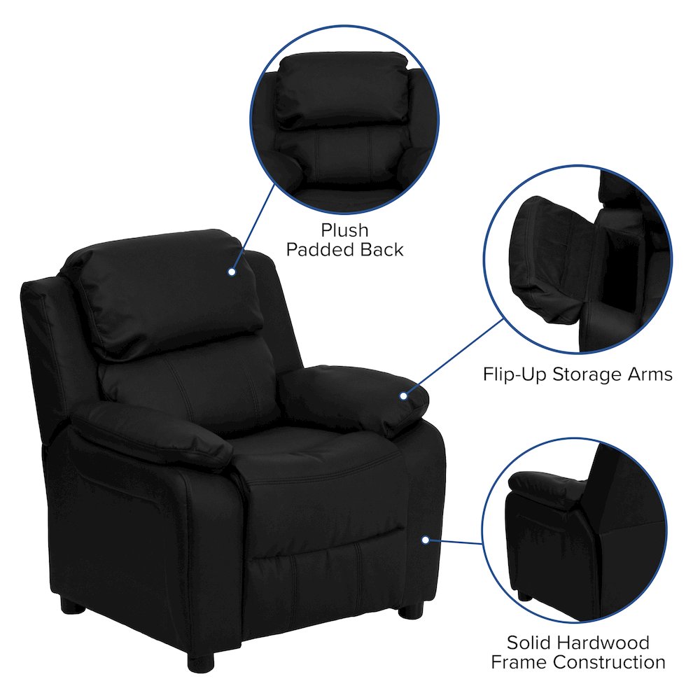 Deluxe Padded Contemporary Black LeatherSoft Kids Recliner with Storage Arms. Picture 7