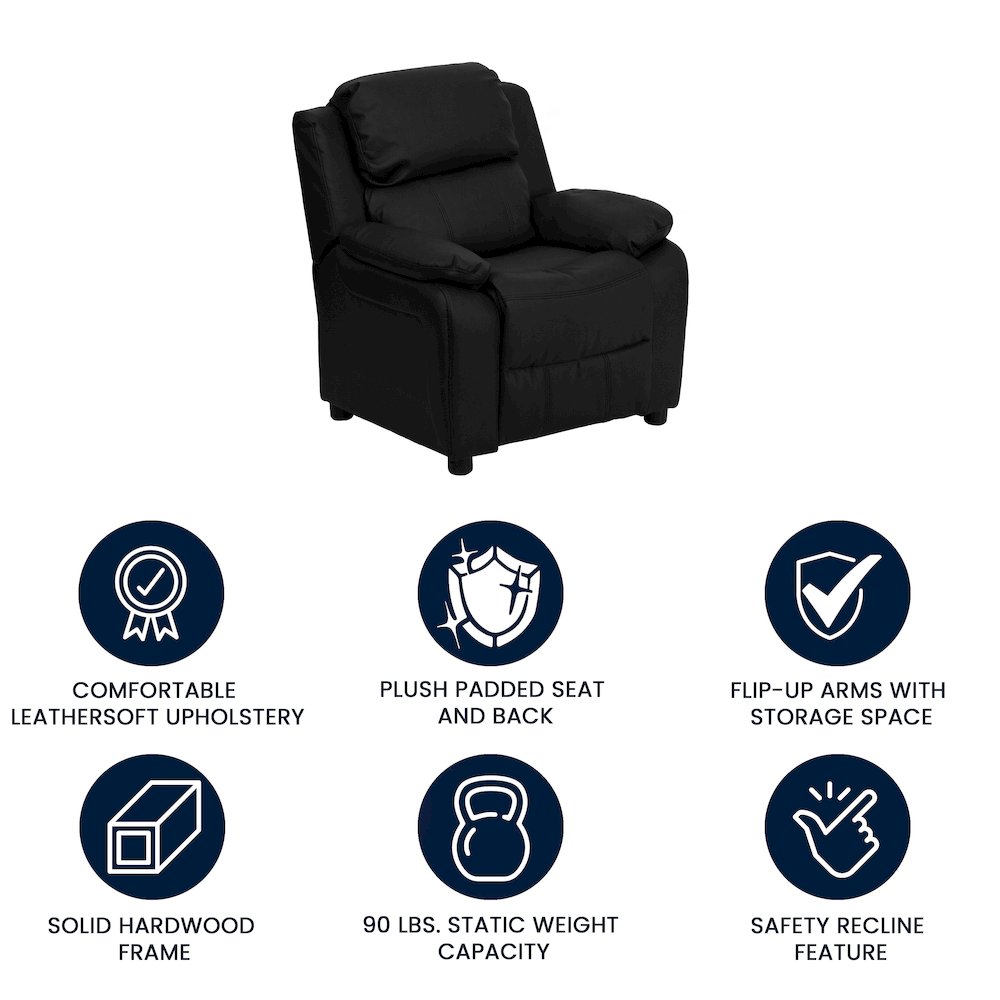 Deluxe Padded Contemporary Black LeatherSoft Kids Recliner with Storage Arms. Picture 5