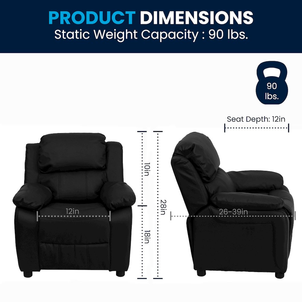 Deluxe Padded Contemporary Black LeatherSoft Kids Recliner with Storage Arms. Picture 8