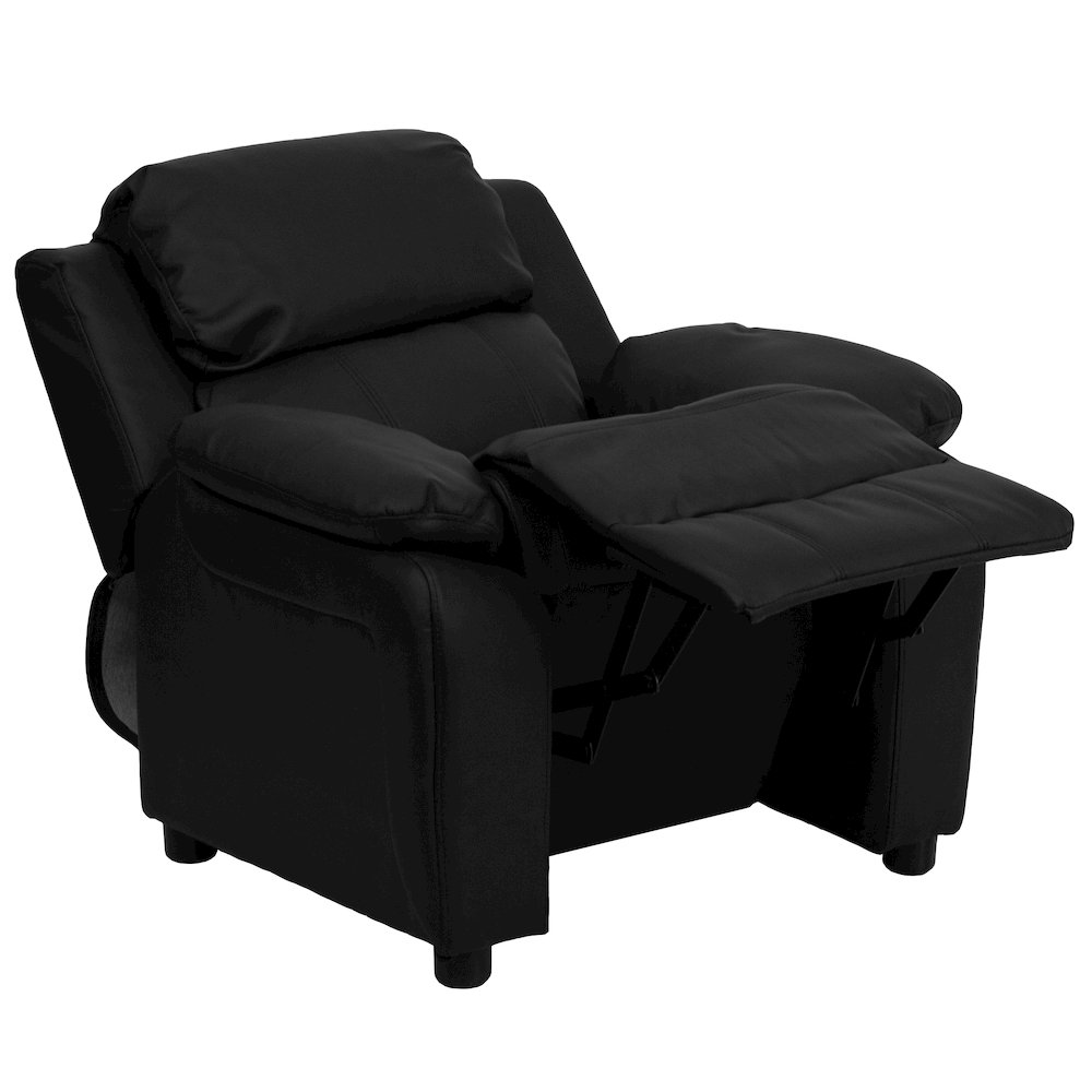 Deluxe Padded Contemporary Black LeatherSoft Kids Recliner with Storage Arms. Picture 11