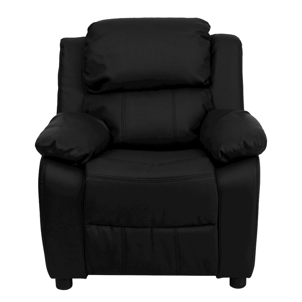Deluxe Padded Contemporary Black LeatherSoft Kids Recliner with Storage Arms. Picture 13