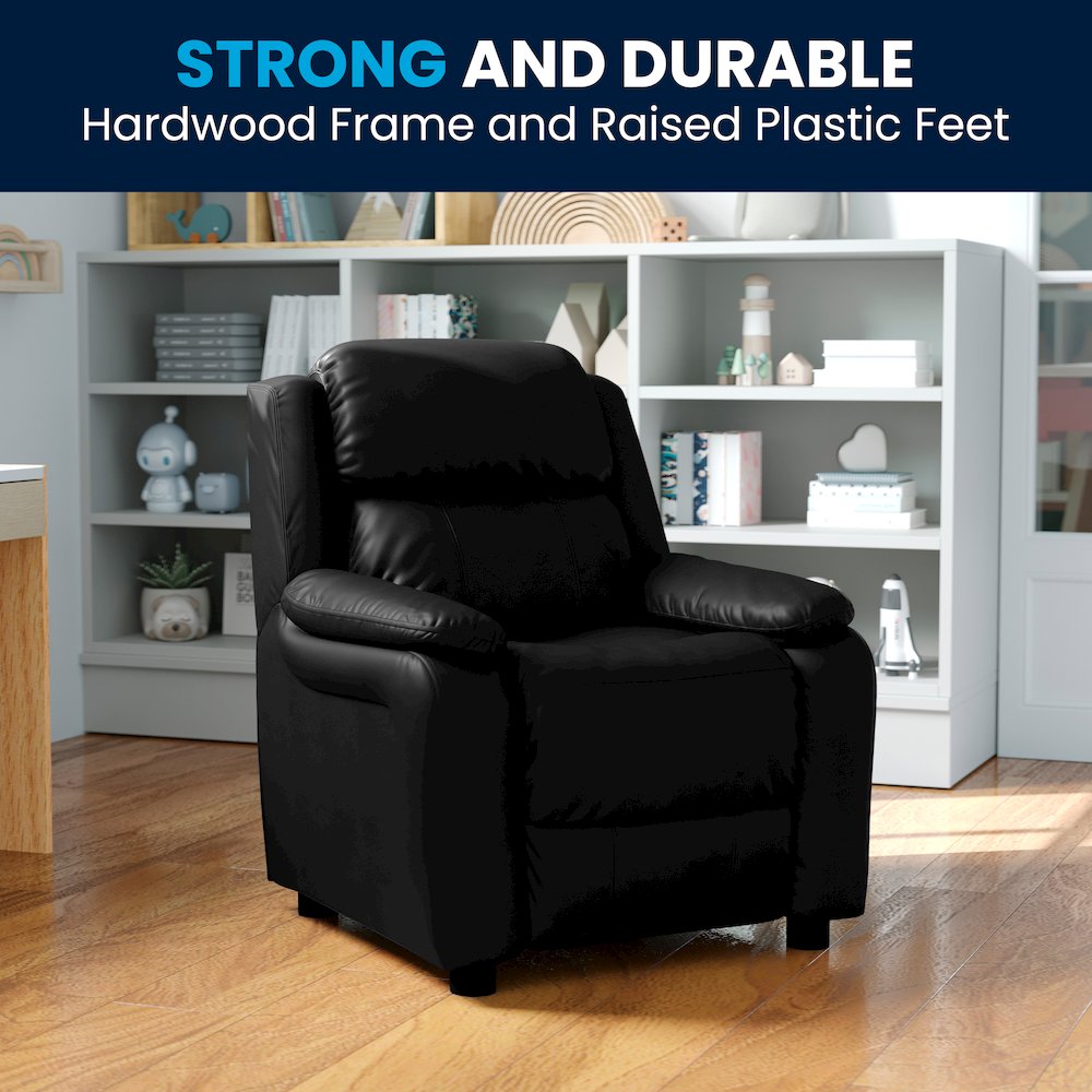 Deluxe Padded Contemporary Black LeatherSoft Kids Recliner with Storage Arms. Picture 3