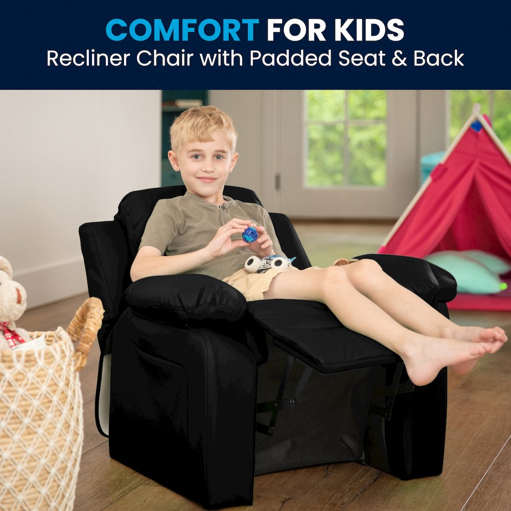 Deluxe Padded Contemporary Black LeatherSoft Kids Recliner with Storage Arms. Picture 2