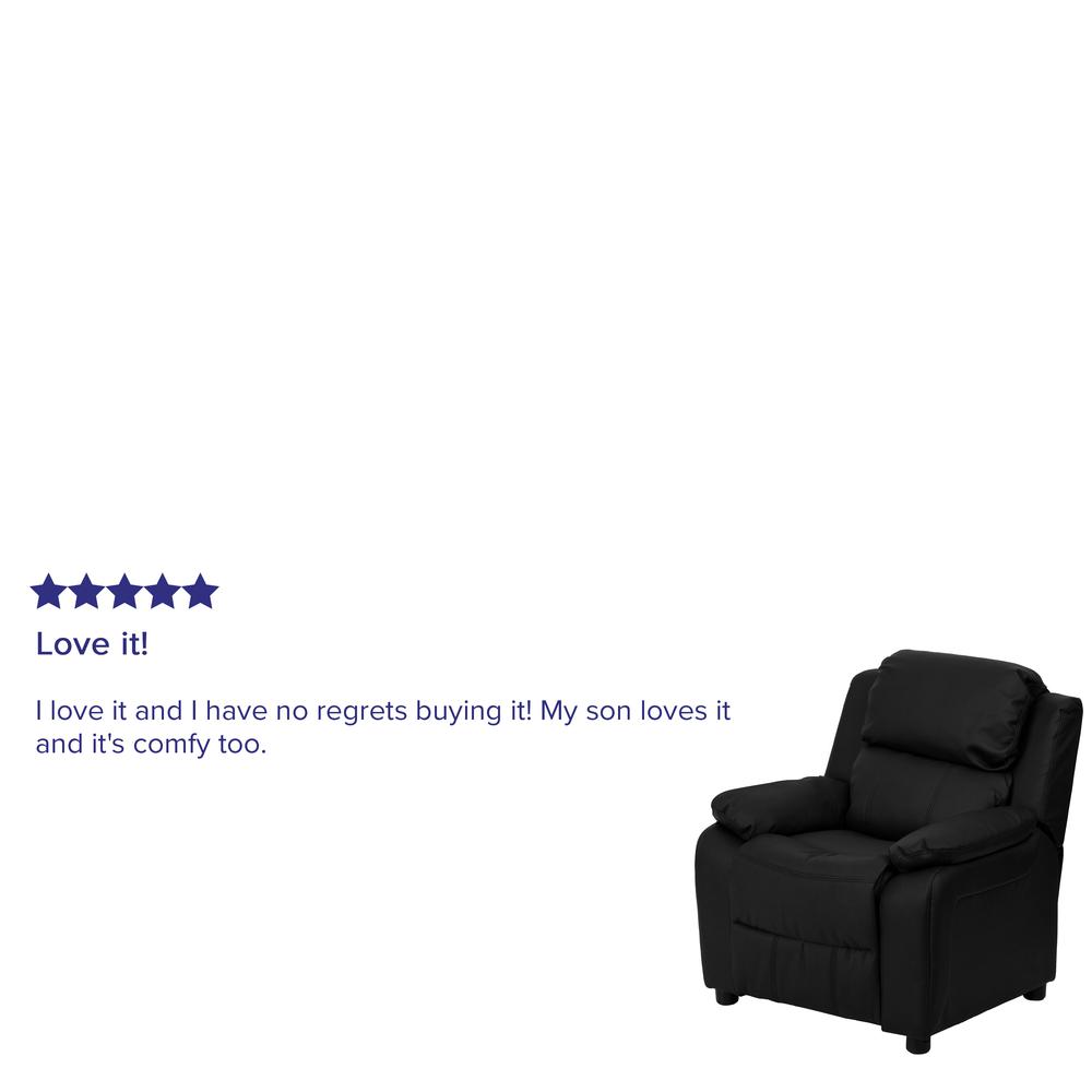 Deluxe Padded Contemporary Black LeatherSoft Kids Recliner with Storage Arms. Picture 7