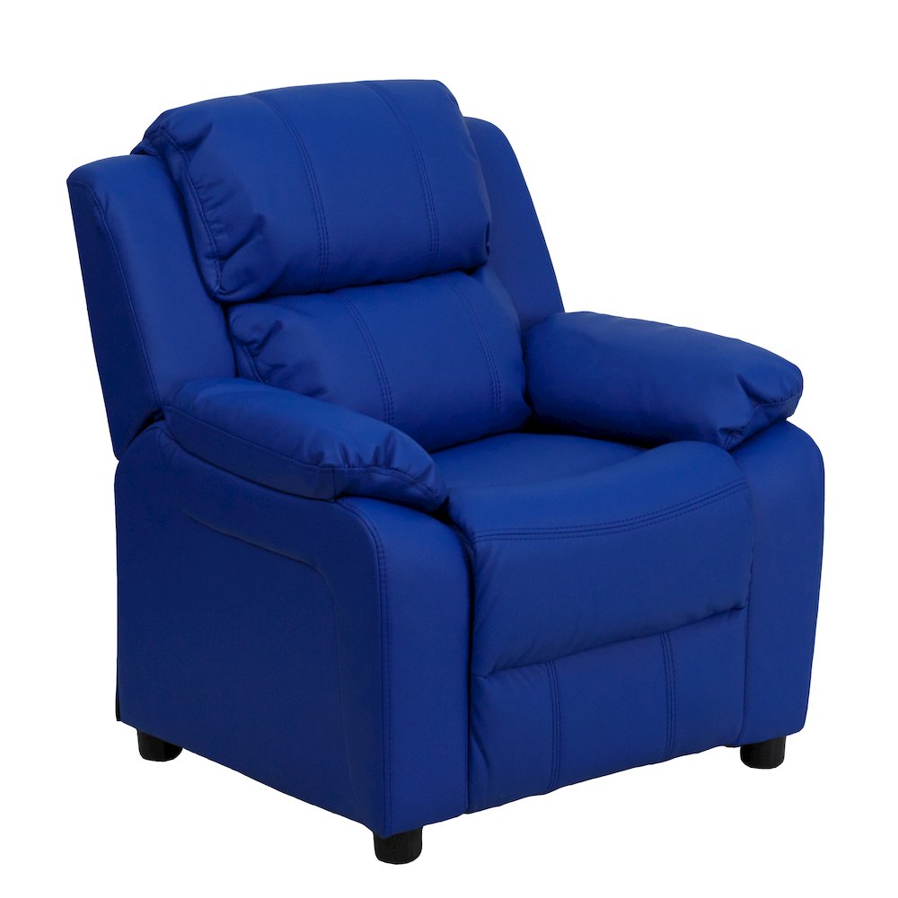 Deluxe Padded Contemporary Blue Vinyl Kids Recliner with Storage Arms. Picture 1