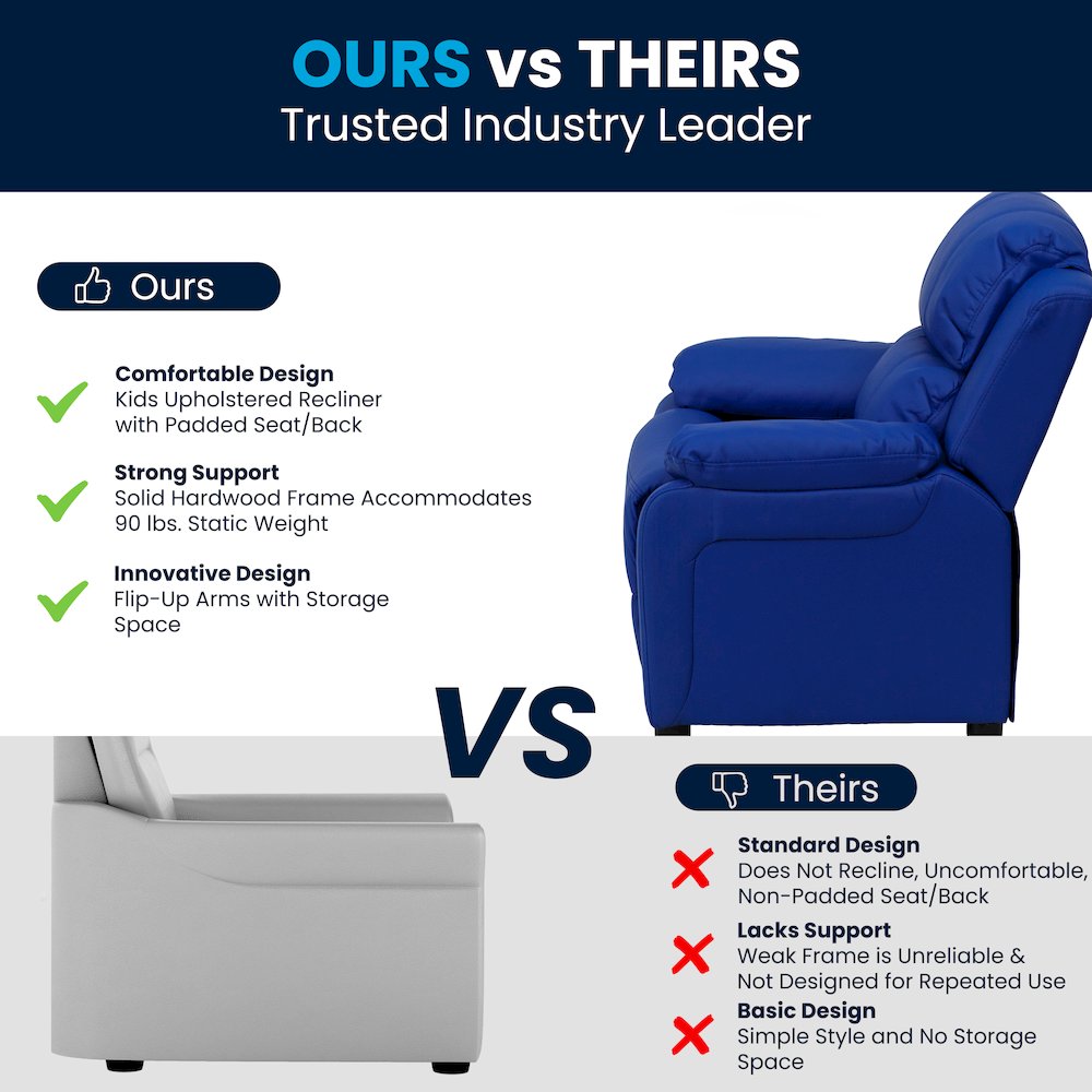 Deluxe Padded Contemporary Blue Vinyl Kids Recliner with Storage Arms. Picture 6