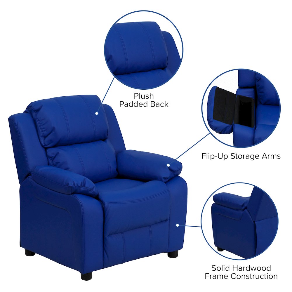 Deluxe Padded Contemporary Blue Vinyl Kids Recliner with Storage Arms. Picture 7