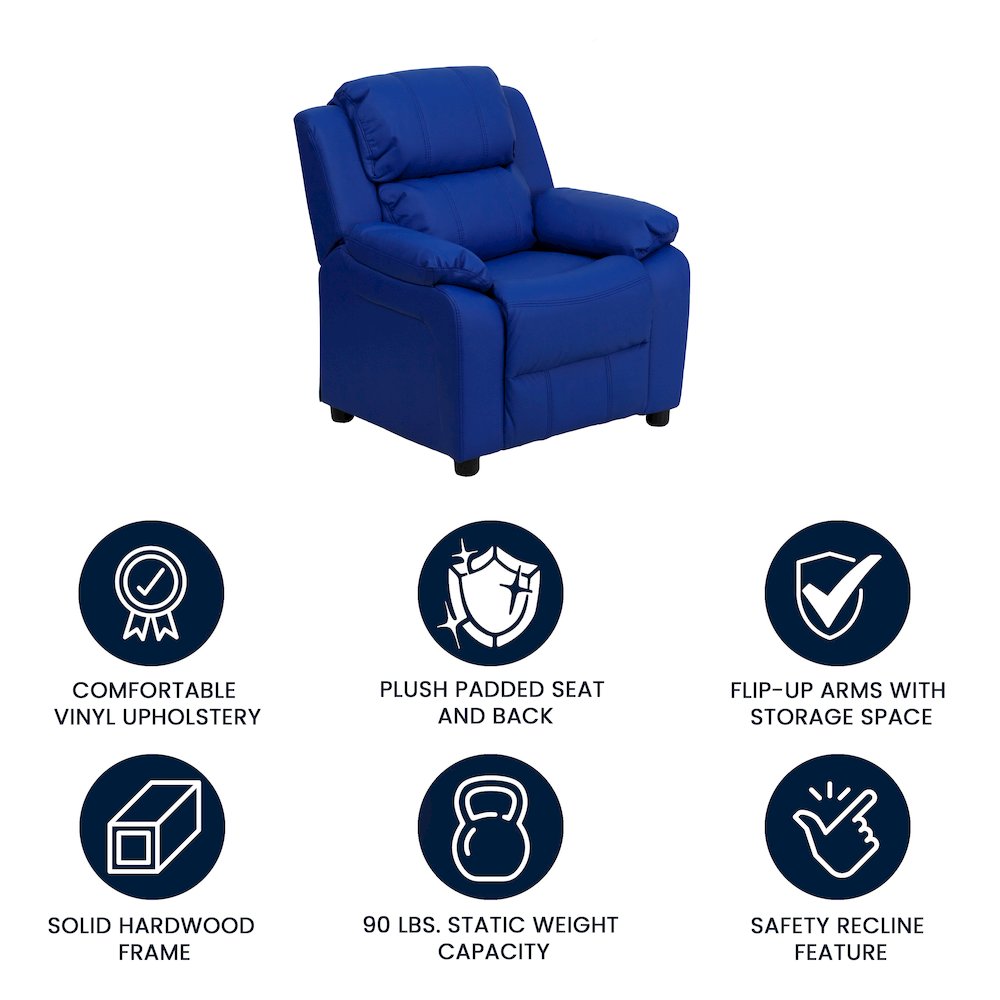 Deluxe Padded Contemporary Blue Vinyl Kids Recliner with Storage Arms. Picture 5