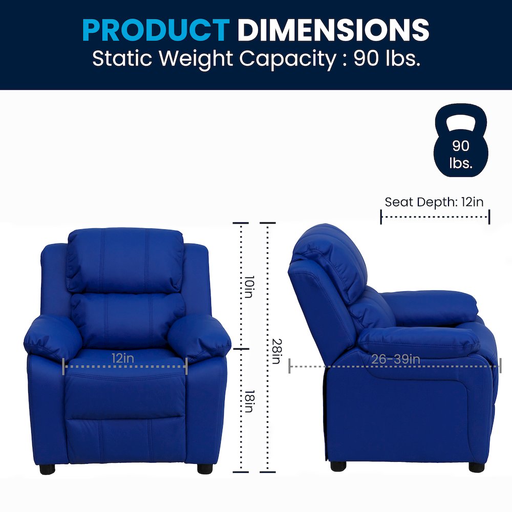 Deluxe Padded Contemporary Blue Vinyl Kids Recliner with Storage Arms. Picture 8
