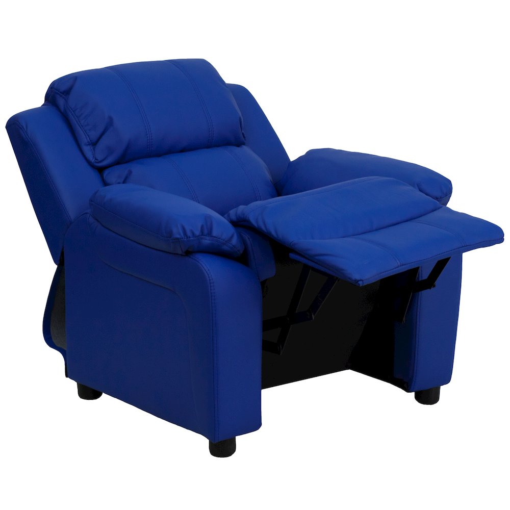 Deluxe Padded Contemporary Blue Vinyl Kids Recliner with Storage Arms. Picture 11
