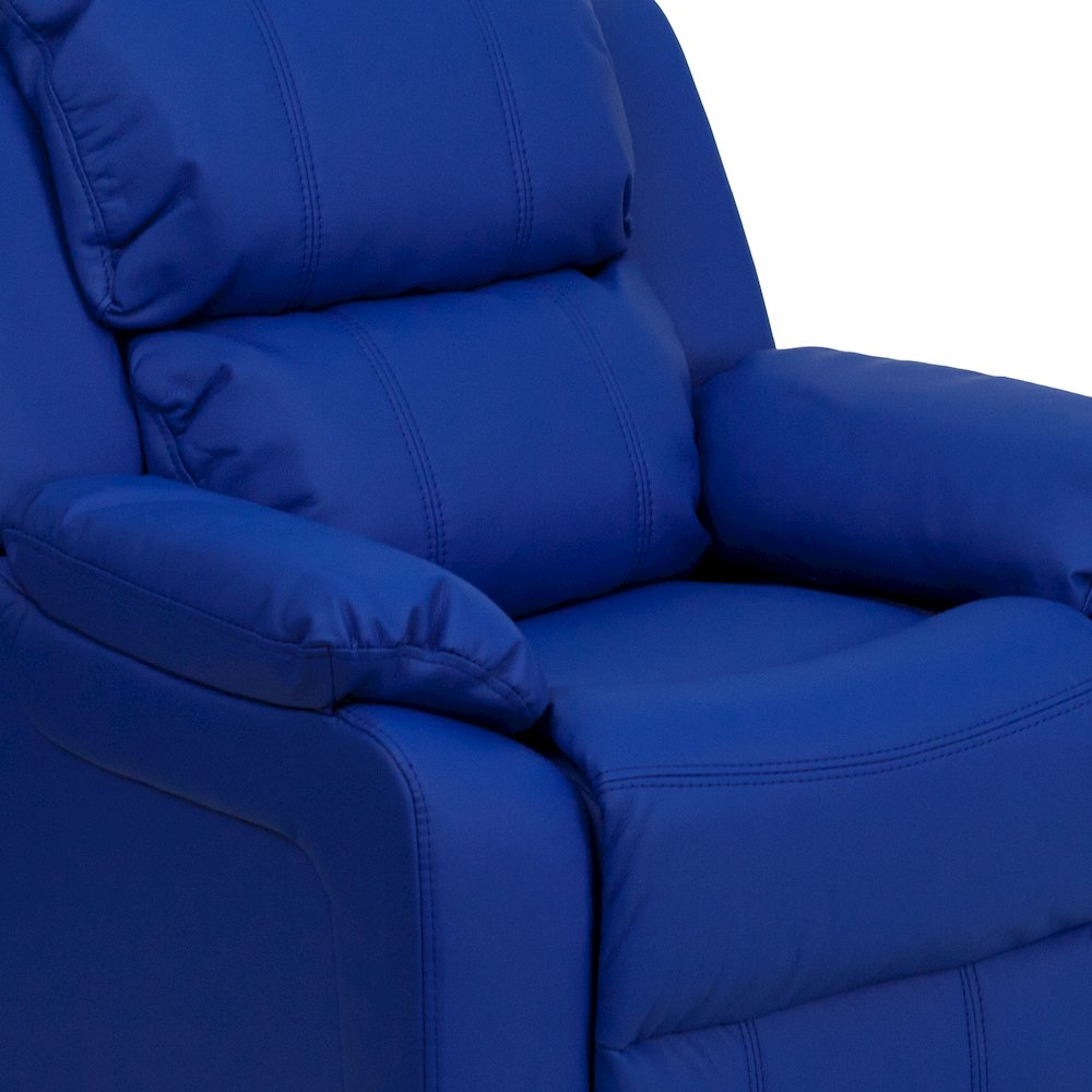 Deluxe Padded Contemporary Blue Vinyl Kids Recliner with Storage Arms. Picture 14