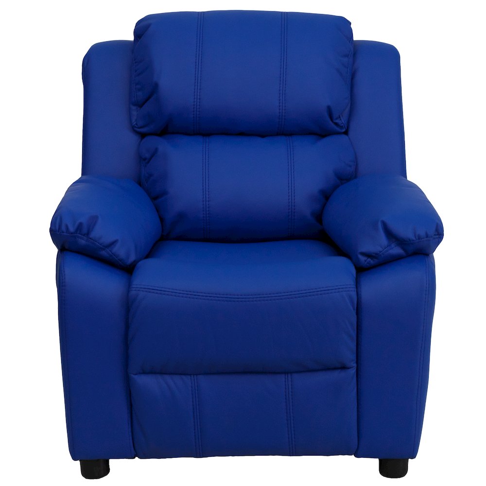 Deluxe Padded Contemporary Blue Vinyl Kids Recliner with Storage Arms. Picture 13