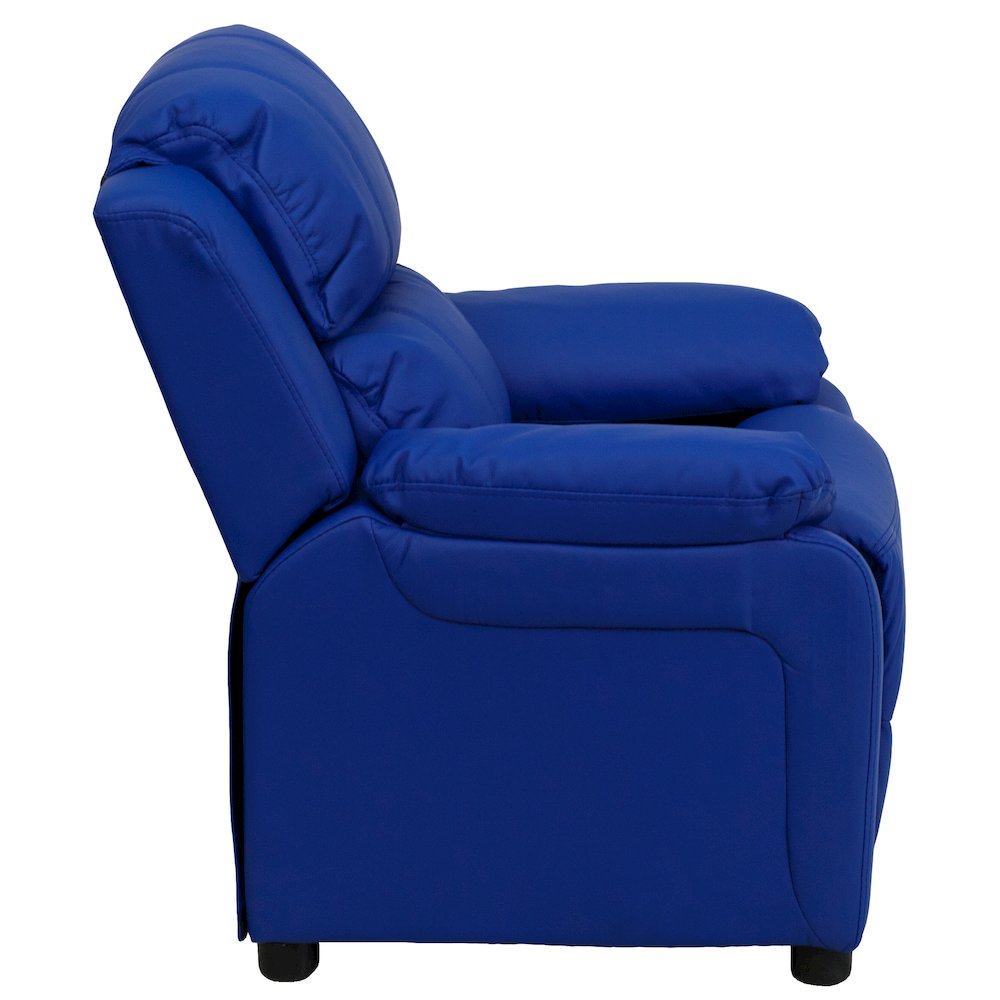 Deluxe Padded Contemporary Blue Vinyl Kids Recliner with Storage Arms. Picture 12