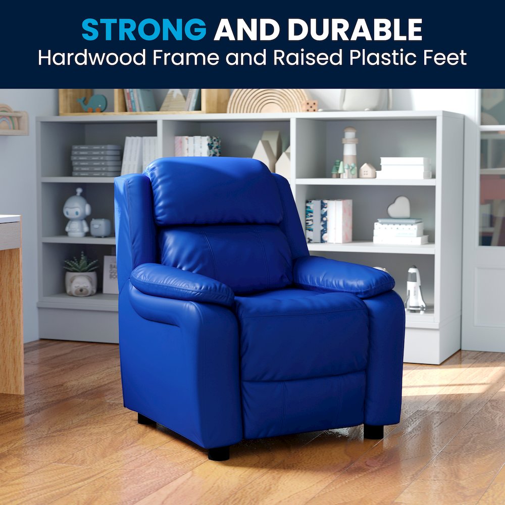 Deluxe Padded Contemporary Blue Vinyl Kids Recliner with Storage Arms. Picture 3