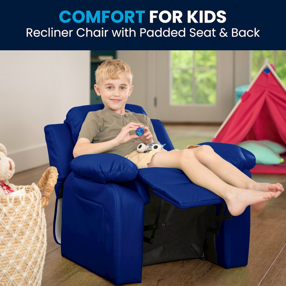 Deluxe Padded Contemporary Blue Vinyl Kids Recliner with Storage Arms. Picture 2