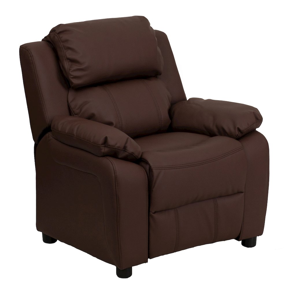 Deluxe Padded Contemporary Brown LeatherSoft Kids Recliner with Storage Arms. Picture 1