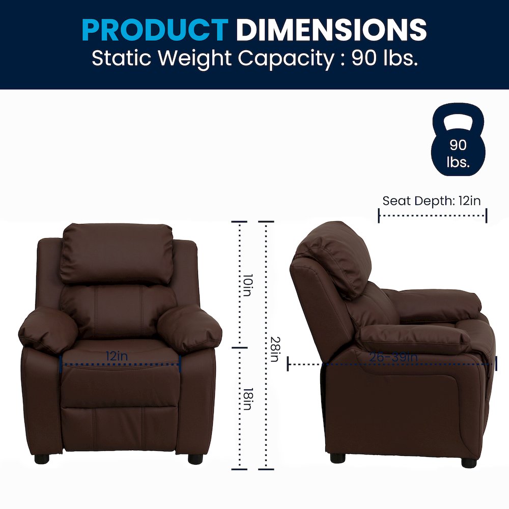 Deluxe Padded Contemporary Brown LeatherSoft Kids Recliner with Storage Arms. Picture 2