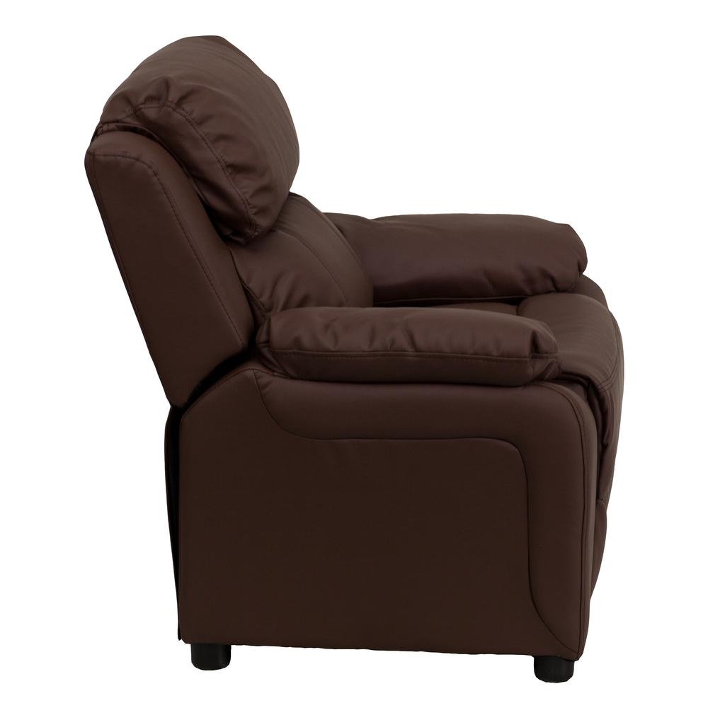 Deluxe Padded Contemporary Brown LeatherSoft Kids Recliner with Storage Arms. Picture 3