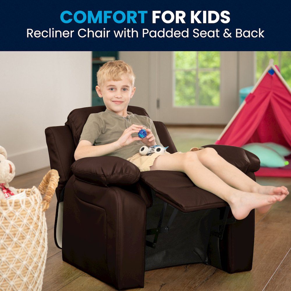 Deluxe Padded Contemporary Brown LeatherSoft Kids Recliner with Storage Arms. Picture 7