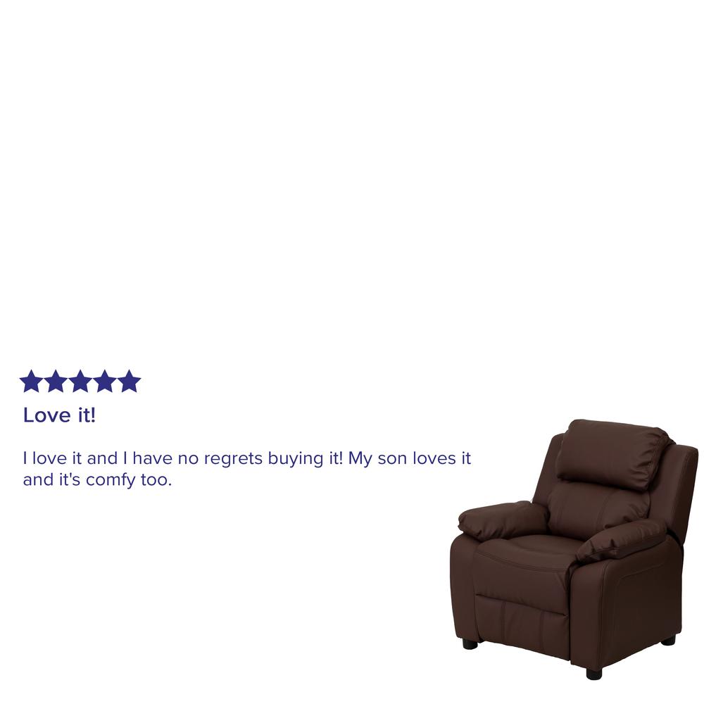 Deluxe Padded Contemporary Brown LeatherSoft Kids Recliner with Storage Arms. Picture 8