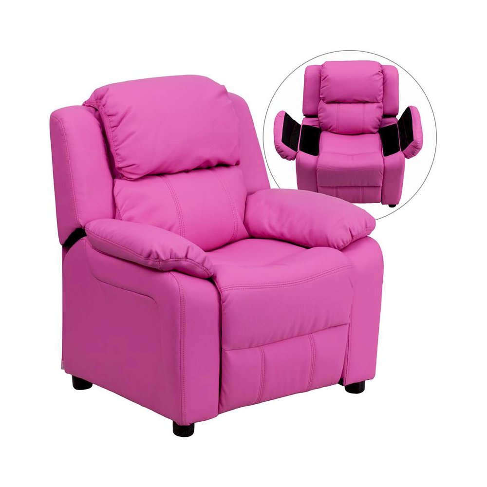 Deluxe Padded Contemporary Hot Pink Vinyl Kids Recliner with Storage Arms. Picture 1