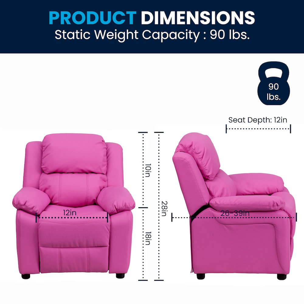 Deluxe Padded Contemporary Hot Pink Vinyl Kids Recliner with Storage Arms. Picture 2