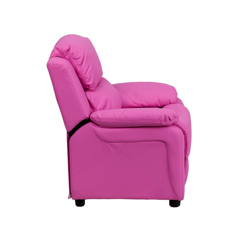 Deluxe Padded Contemporary Hot Pink Vinyl Kids Recliner with Storage Arms. Picture 3