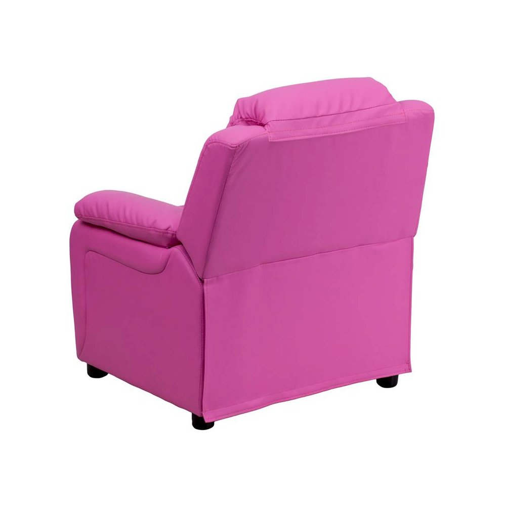 Deluxe Padded Contemporary Hot Pink Vinyl Kids Recliner with Storage Arms. Picture 4
