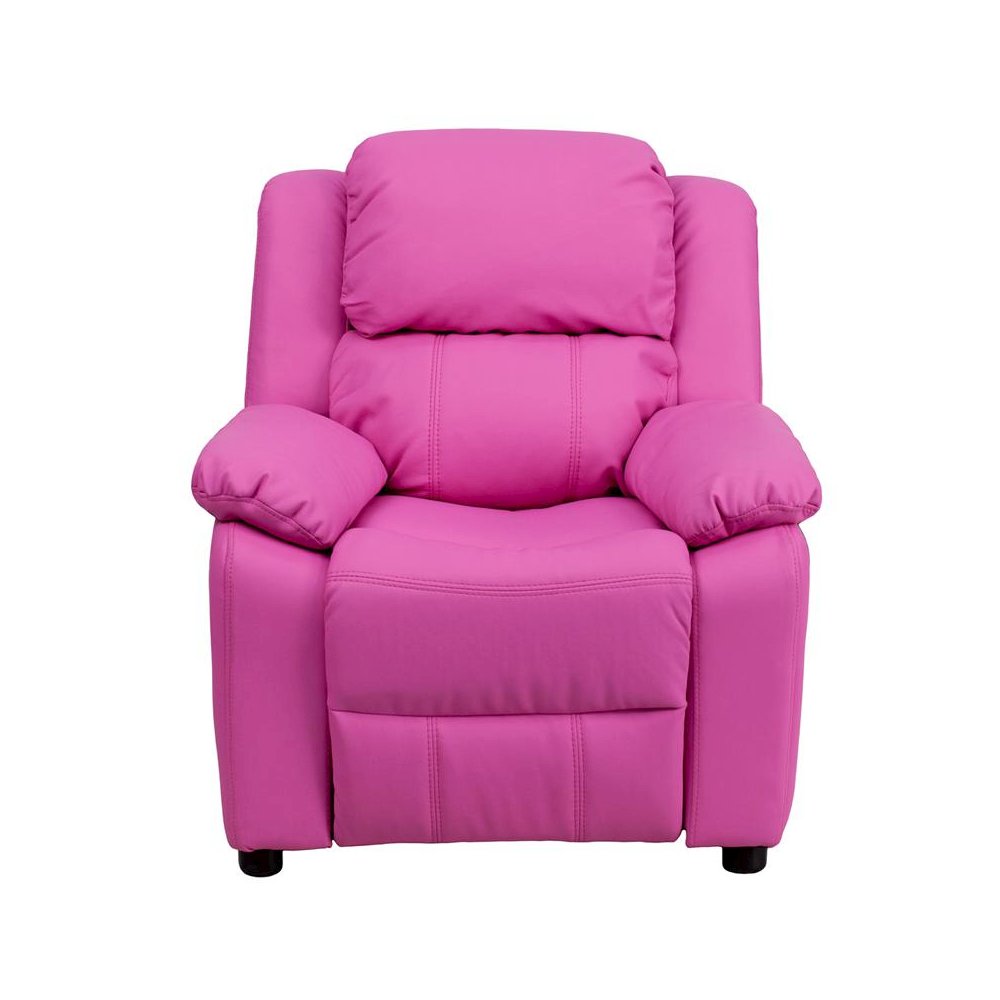 Deluxe Padded Contemporary Hot Pink Vinyl Kids Recliner with Storage Arms. Picture 5