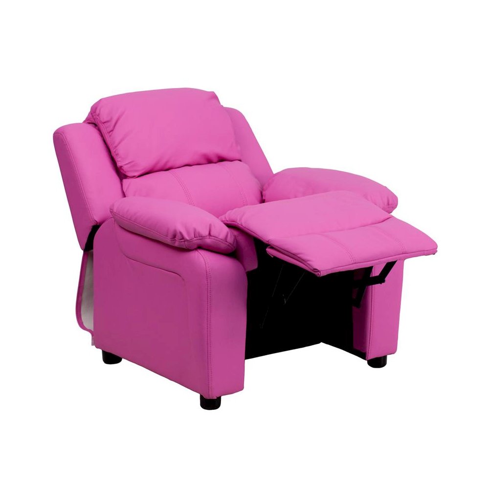 Deluxe Padded Contemporary Hot Pink Vinyl Kids Recliner with Storage Arms. Picture 6