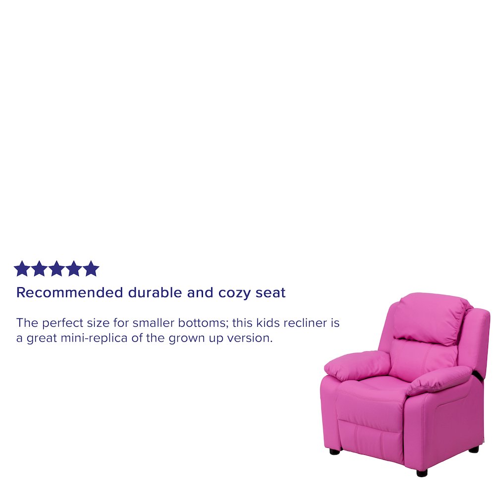 Deluxe Padded Contemporary Hot Pink Vinyl Kids Recliner with Storage Arms. Picture 7