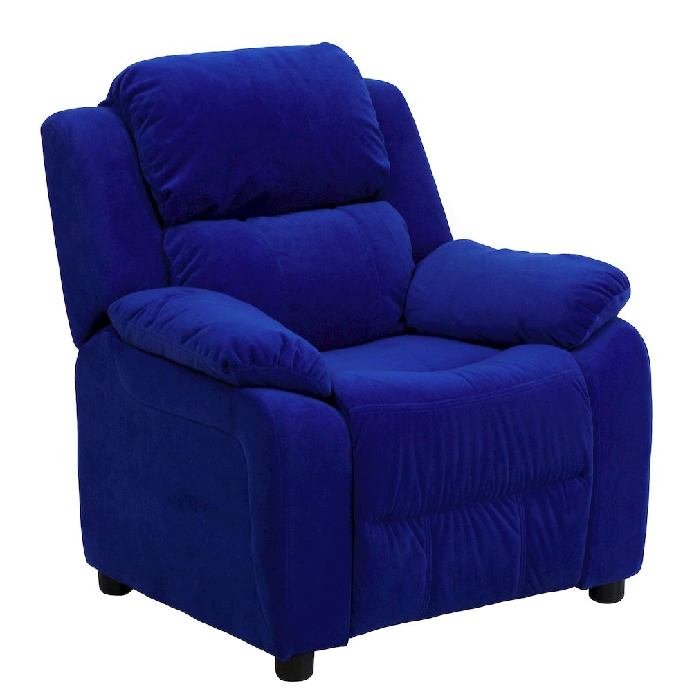Deluxe Padded Contemporary Blue Microfiber Kids Recliner with Storage Arms. Picture 1