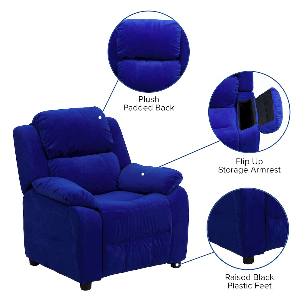 Deluxe Padded Contemporary Blue Microfiber Kids Recliner with Storage Arms. Picture 7