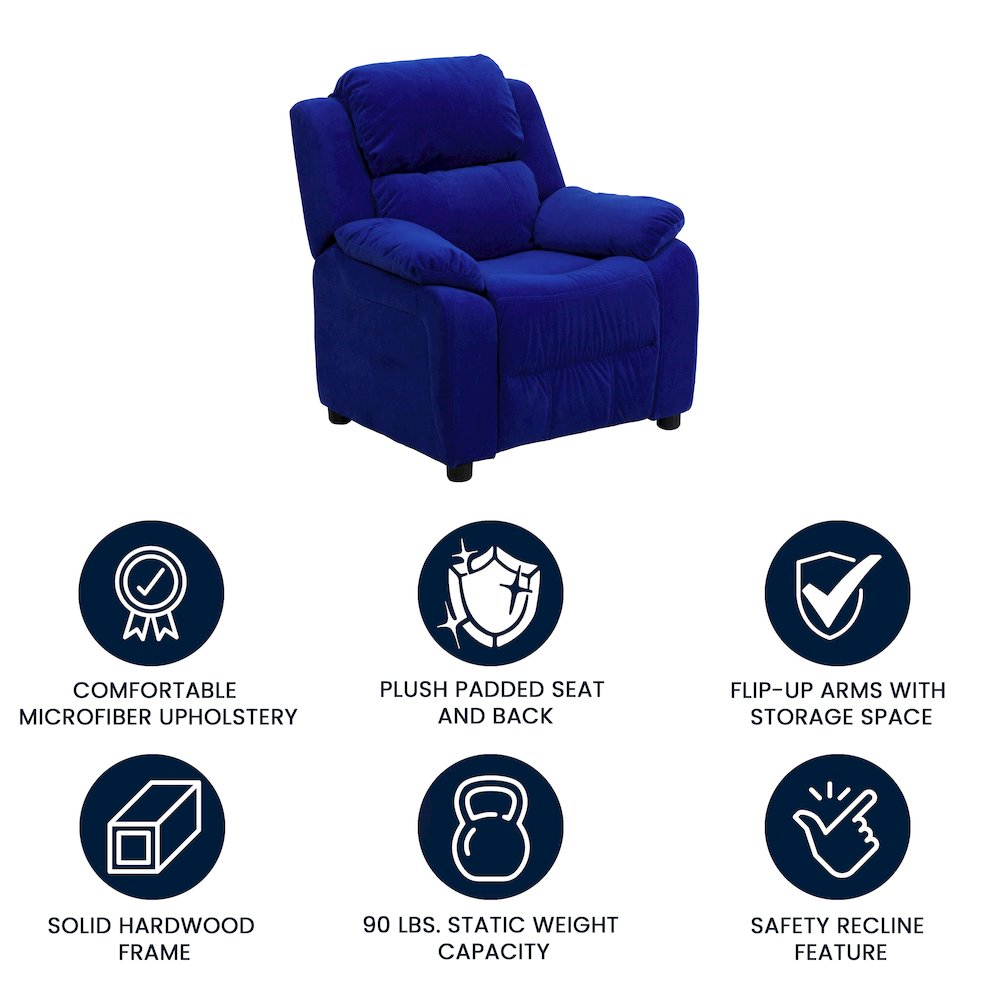 Deluxe Padded Contemporary Blue Microfiber Kids Recliner with Storage Arms. Picture 5