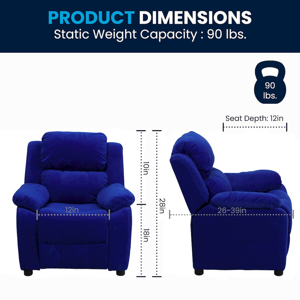 Deluxe Padded Contemporary Blue Microfiber Kids Recliner with Storage Arms. Picture 8
