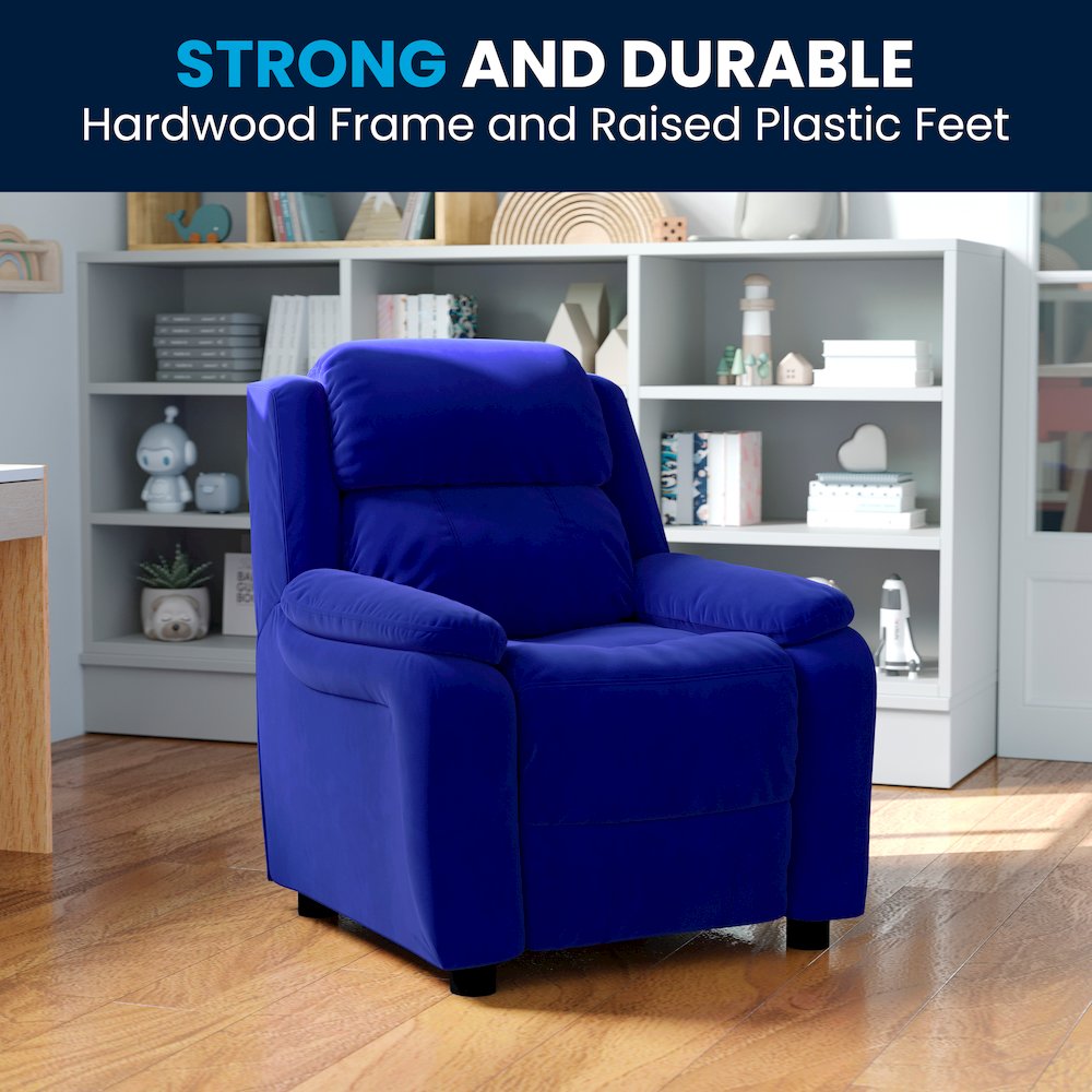 Deluxe Padded Contemporary Blue Microfiber Kids Recliner with Storage Arms. Picture 3